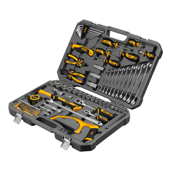 картинка Набор инструментов, 1/2", 1/4", CrV, S2, пластиковый кейс, 100 предметов Denzel от магазина Одежда+