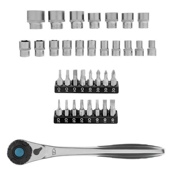картинка Набор торцевых головок, трещотка 120 зубьев, 1/2",3/8”, CrV, 36 предметов Gross от магазина Одежда+