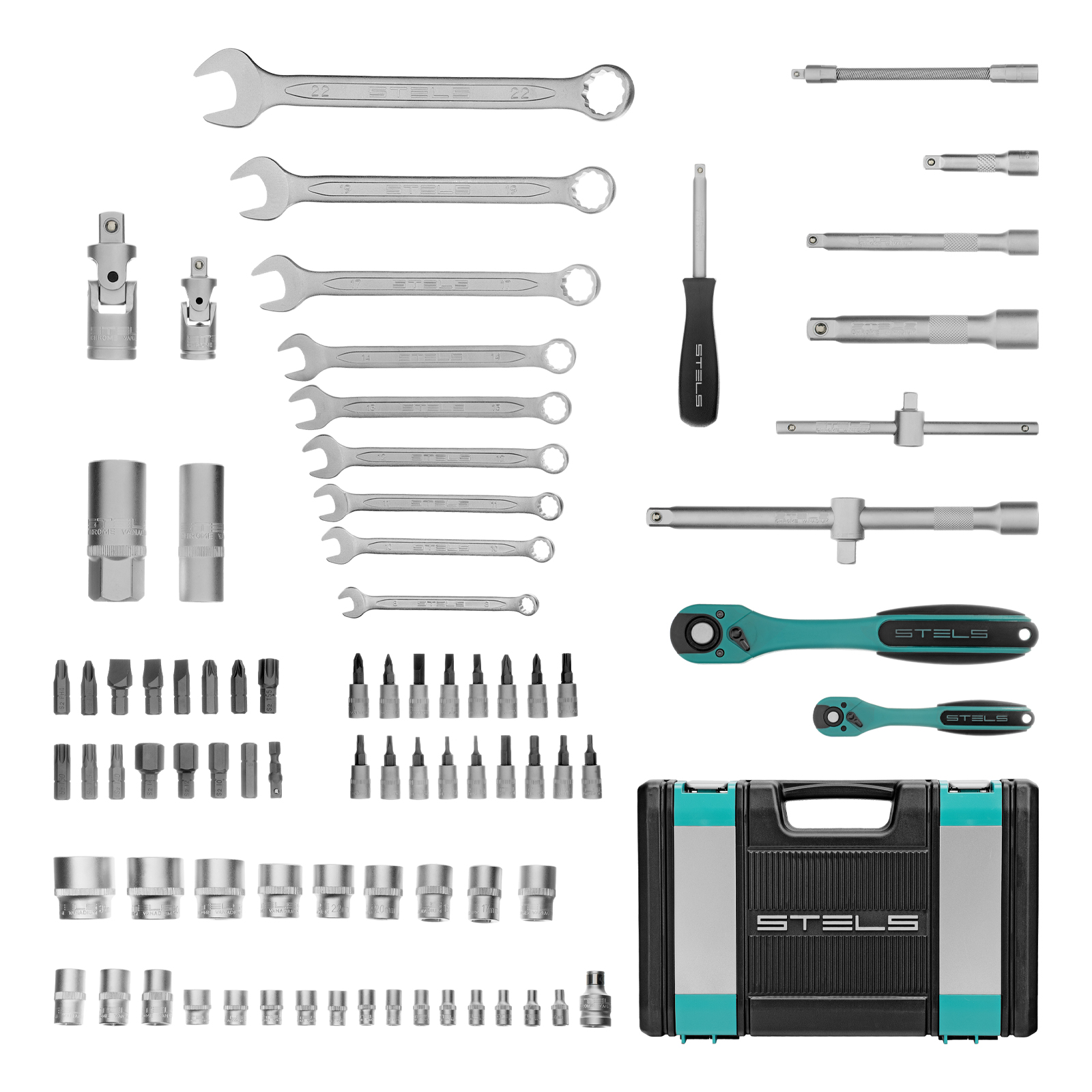 картинка Набор инструментов 1/2", 1/4", CrV, 12 гранные головки, пластиковый кейс, 82 предмета Stels от магазина Одежда+