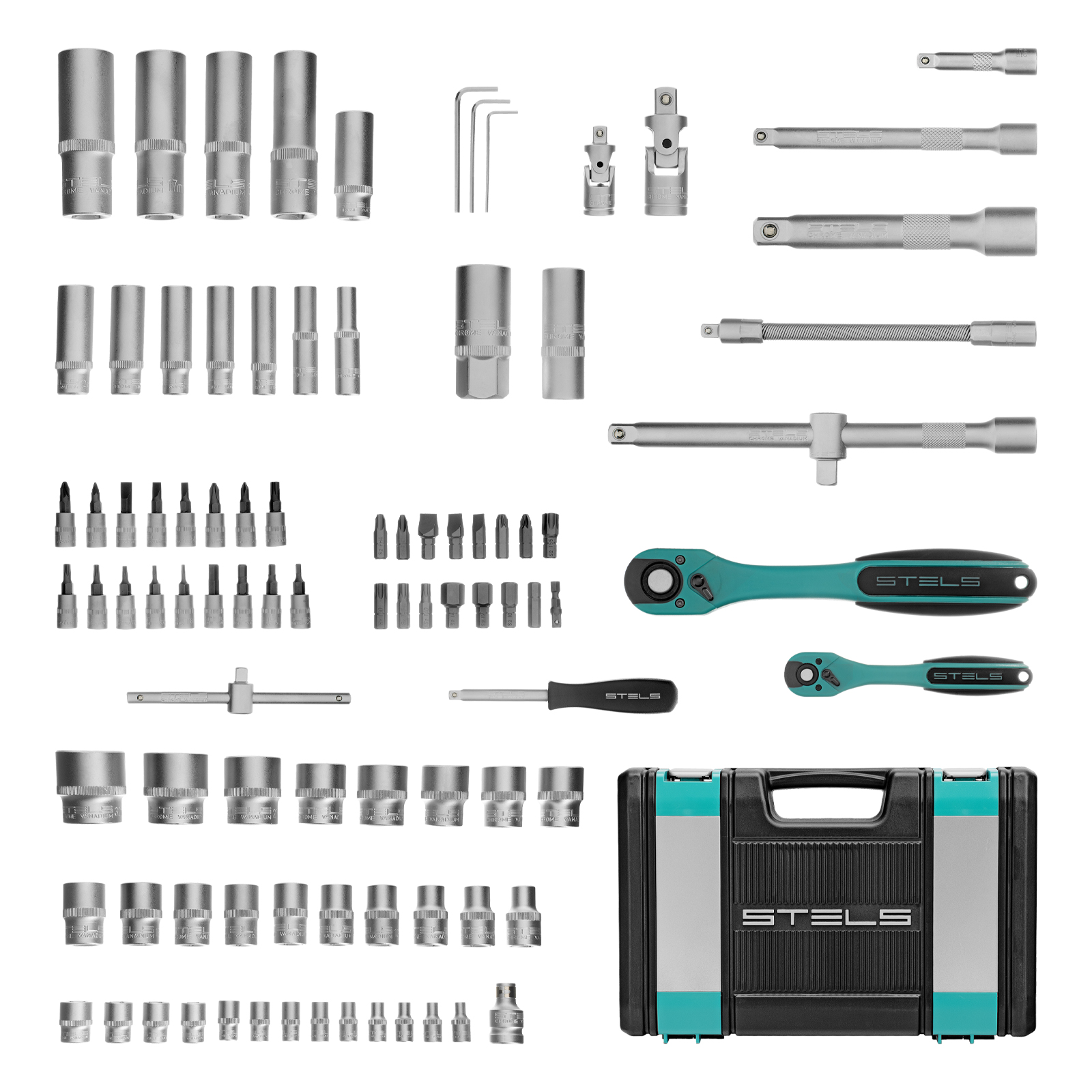 картинка Набор инструментов 1/2", 1/4", CrV, 12 гранные головки, пластиковый кейс, 94 предмета Stels от магазина Одежда+