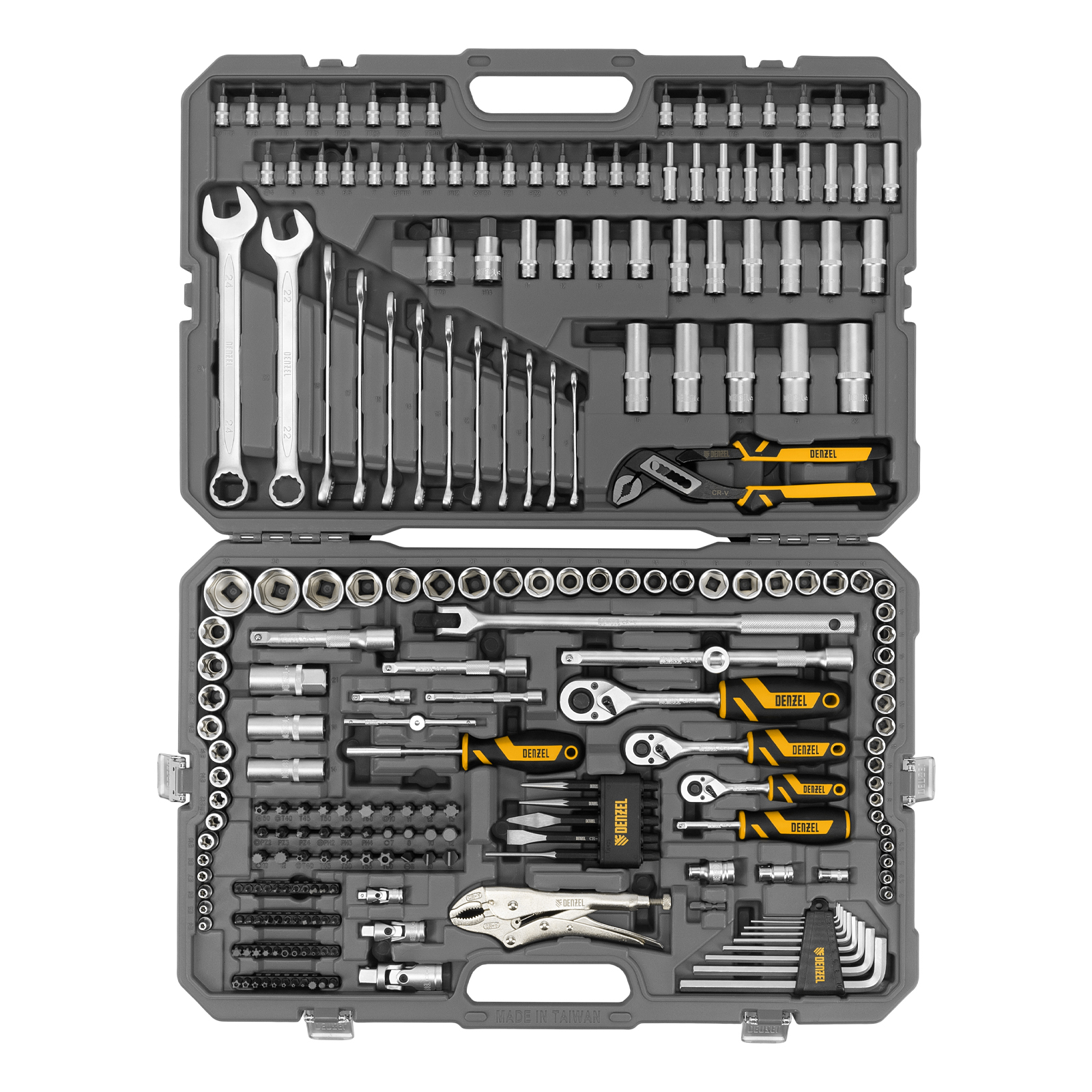 картинка Набор инструментов, 1/2", 3/8", 1/4", CrV, S2, пластиковый кейс, 232 предмета Denzel от магазина Одежда+
