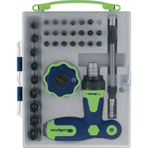 картинка Отвертка Т-образная и трещотка, реверсивные с набором бит, торцевых головок, 34 предмета, CrV Сибрте от магазина Одежда+