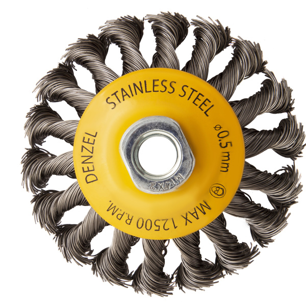 картинка Щетка для УШМ, 100 мм, "Тарелка", крученая нержавеющая проволока 0.5 мм, М14 Denzel от магазина Одежда+