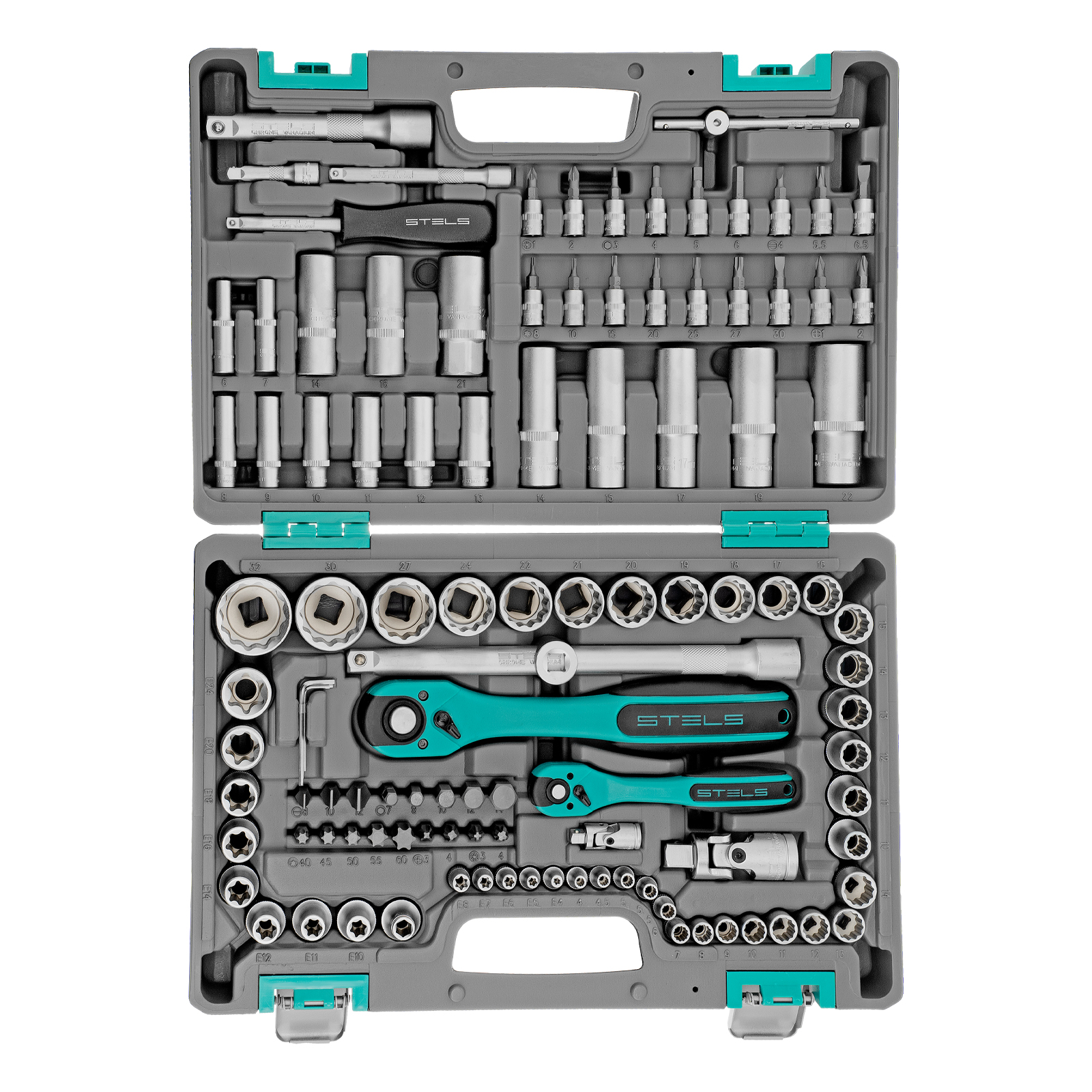 картинка Набор инструментов 1/2", 1/4", CrV, 12 гранные головки, пластиковый кейс, 109 предмета Stels от магазина Одежда+