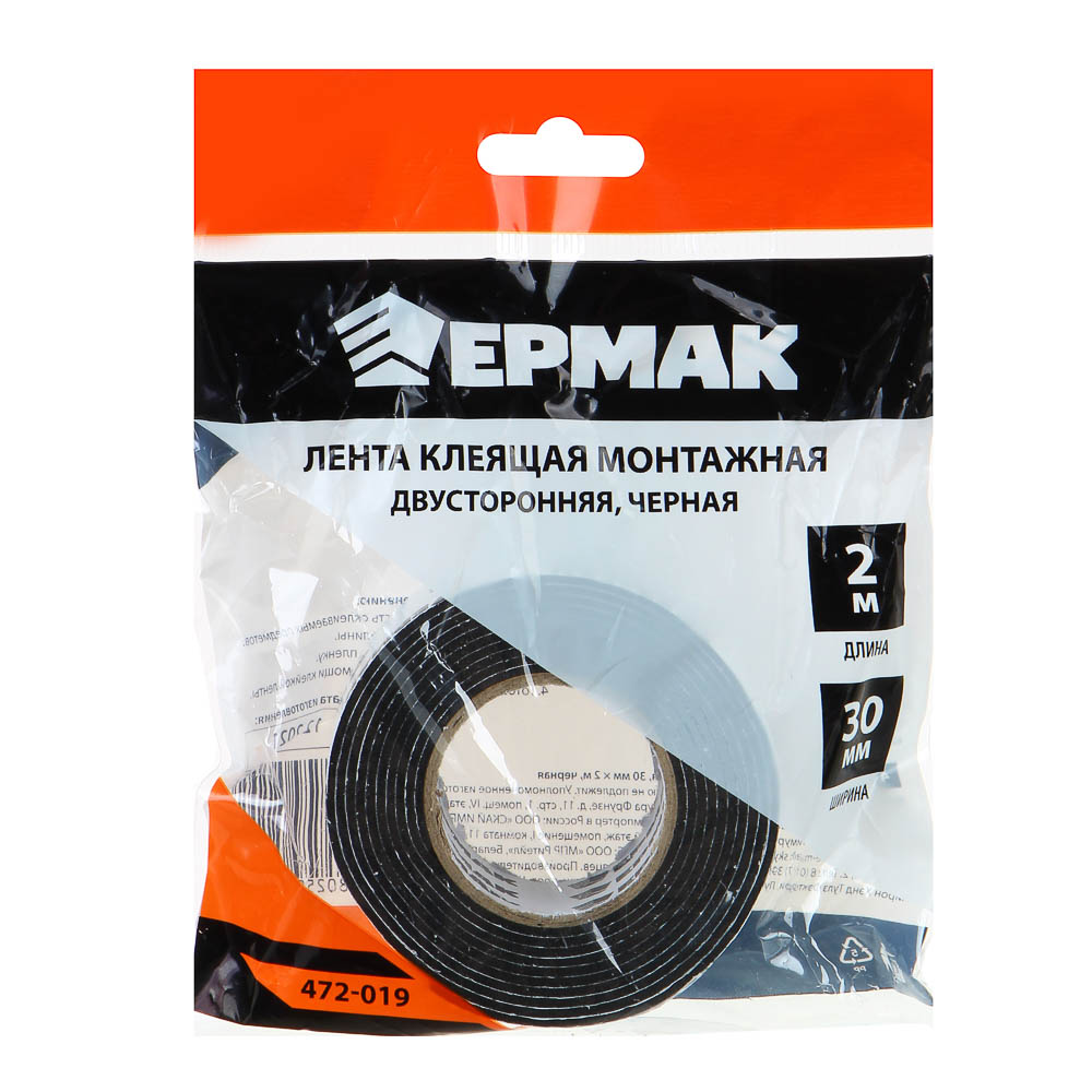 картинка ЕРМАК Лента клеящая монтажная 2-х сторонняя, для АВТО, 30мм x 2м черная от магазина Одежда+