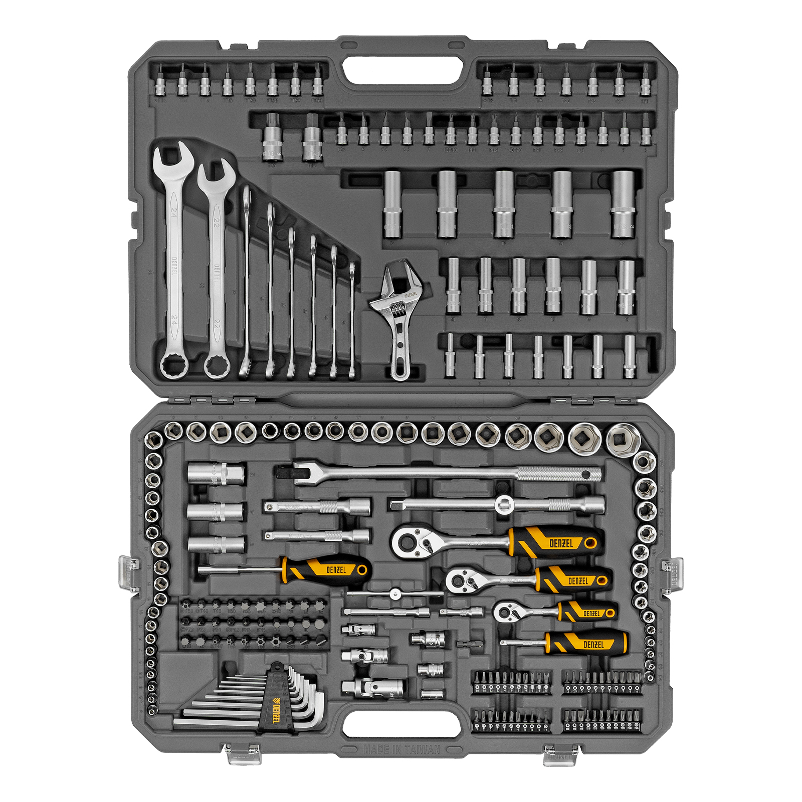 картинка Набор инструментов, 1/2", 1/4", 3/8", CrV, S2, пластиковый кейс, 216 предметов Denzel от магазина Одежда+