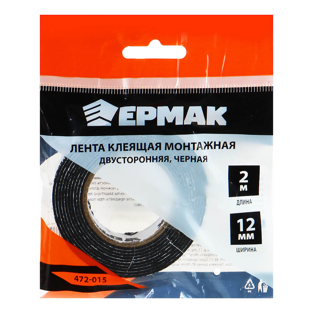 картинка ЕРМАК Лента клеящая монтажная 2-х сторонняя, для АВТО, 12мм x 2м, черная от магазина Одежда+