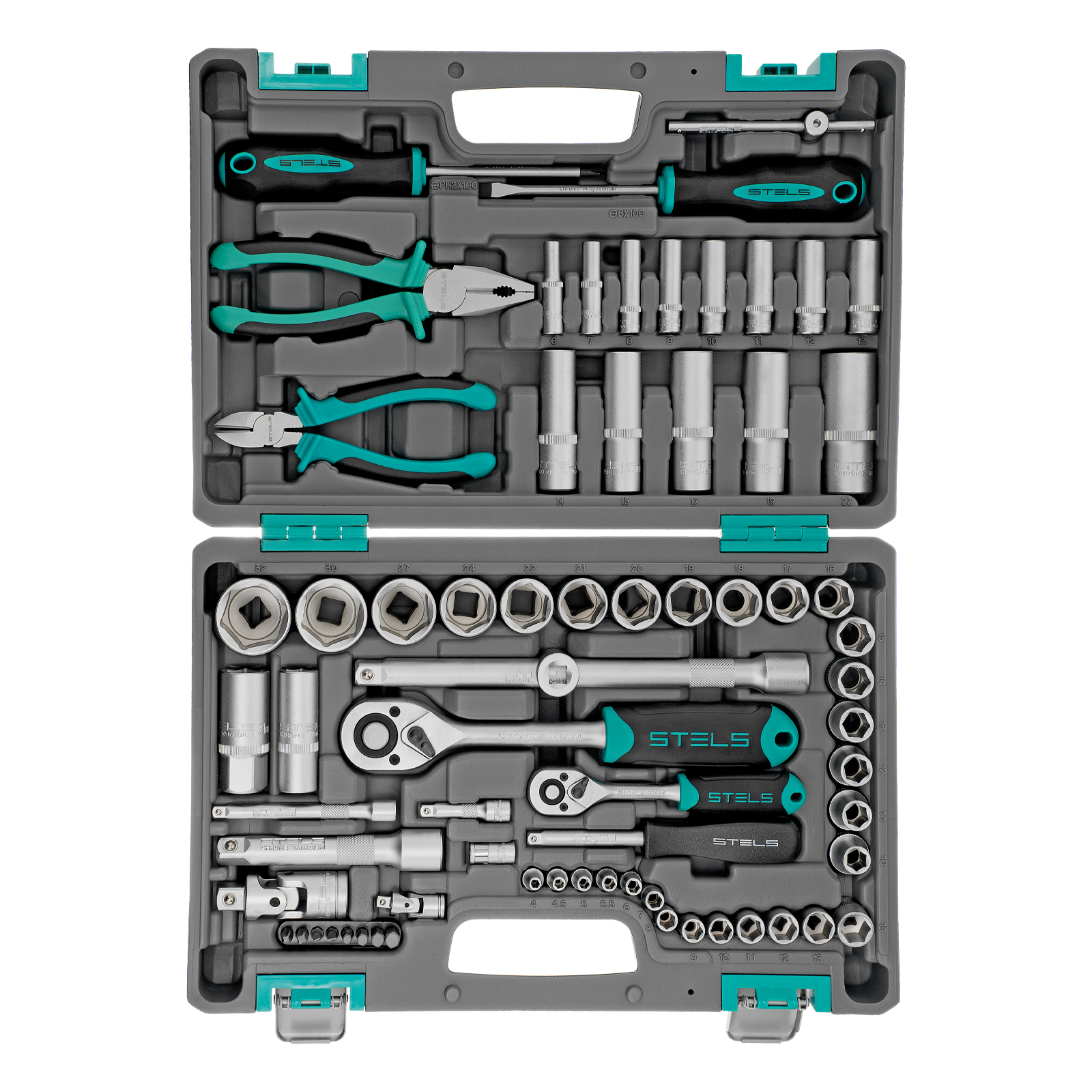 картинка Набор инструментов, 1/2", 1/4", CrV, пластиковый кейс 69 предметов Stels от магазина Одежда+