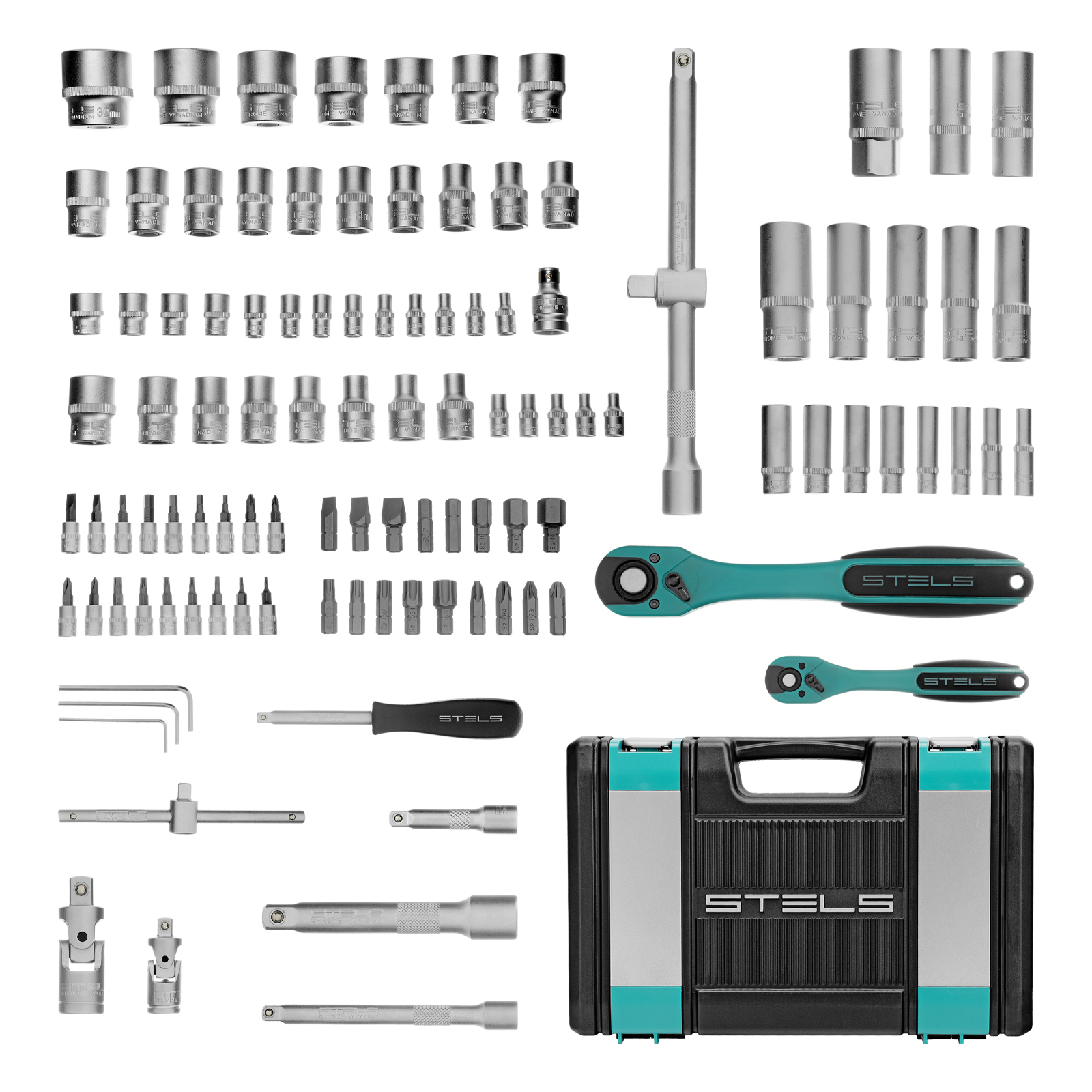 картинка Набор инструментов 1/2", 1/4", CrV, 12 гранные головки, пластиковый кейс, 109 предмета Stels от магазина Одежда+
