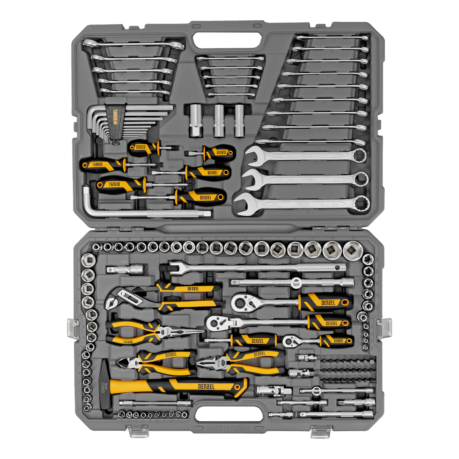 картинка Набор инструментов, 1/2", 1/4", 3/8", CrV, S2, пластиковый кейс, 144 предмета Denzel от магазина Одежда+