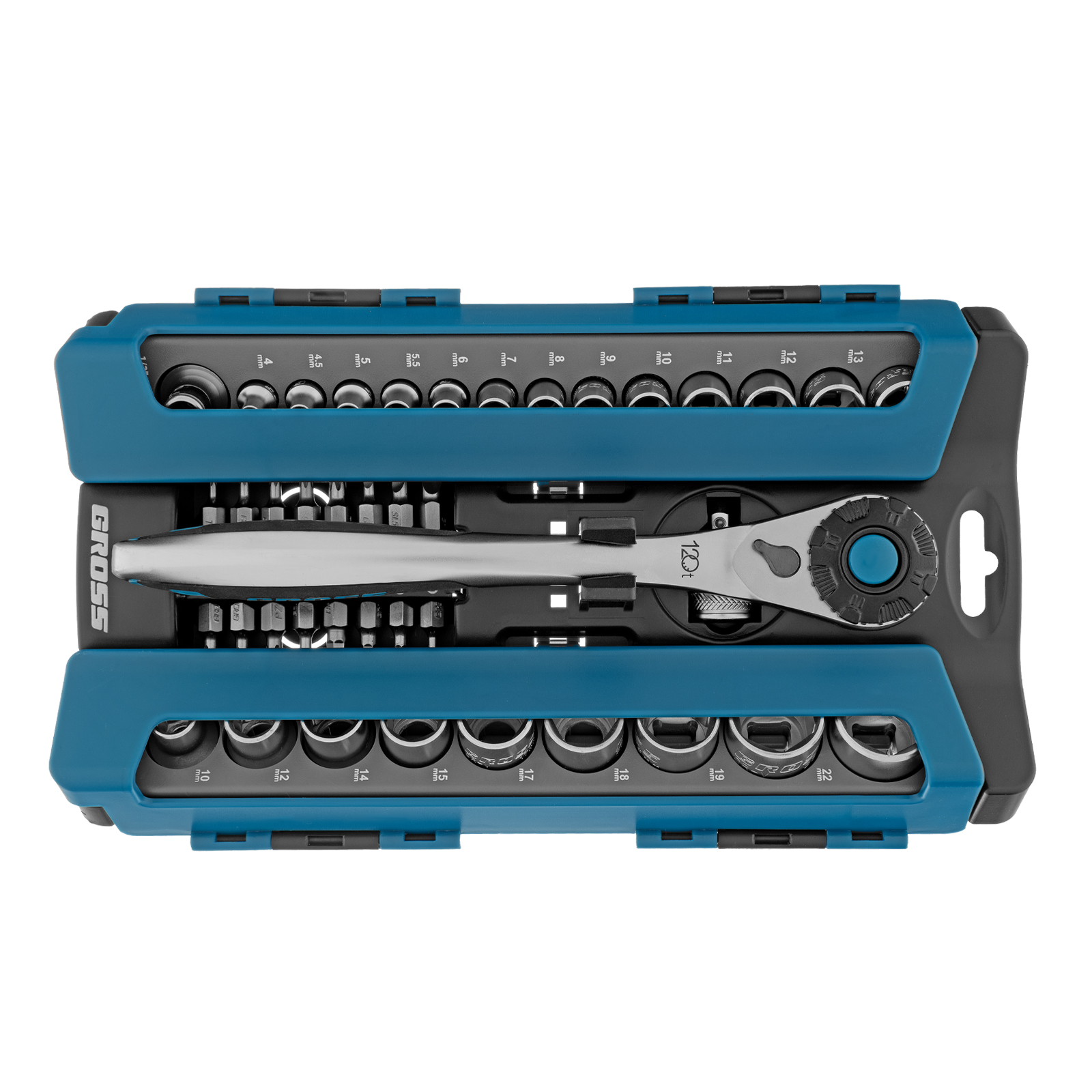 картинка Набор торцевых головок, трещотка 120 зубьев, 1/2", 1/4", CrV, 41 предмет Gross от магазина Одежда+