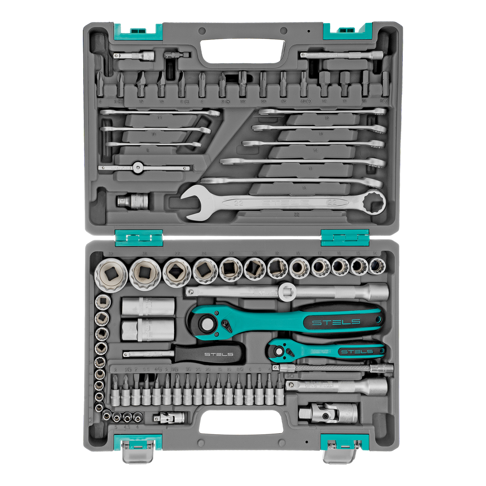 картинка Набор инструментов 1/2", 1/4", CrV, 12 гранные головки, пластиковый кейс, 82 предмета Stels от магазина Одежда+